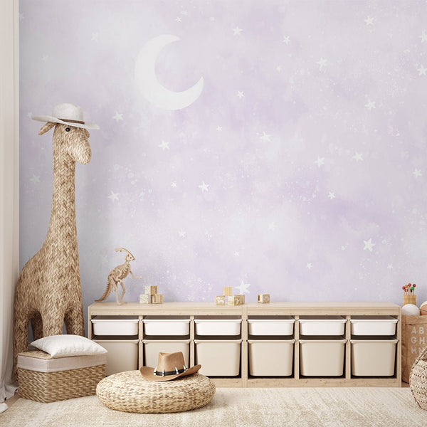 Pastel Purple Moon & Stars Wall Mural SM076 - CostaCover - Peel and stick Removable Wallpaper - Abstract - abstract wall art - abstract wallpaper