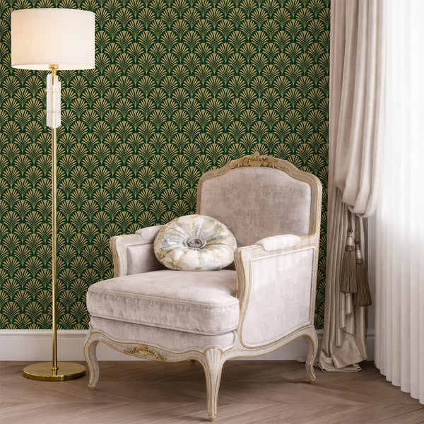 Emerald Green Botanical Art Deco Wallpaper L020