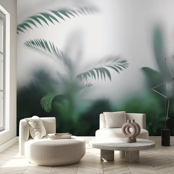 Green Foggy Palm Leaves Wall Mural SM021 - CostaCover - Peel and stick Removable Wallpaper - accent wallpaper - adhesive wallpaper - bathroom wallpaper