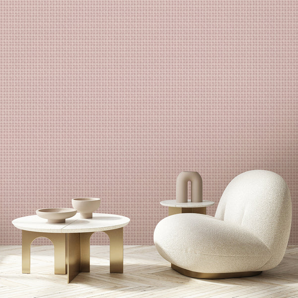 Romantic pink wallpaper featuring classic floral damask ornaments with a softly aged finish for French country, cottagecore and vintage home decor.