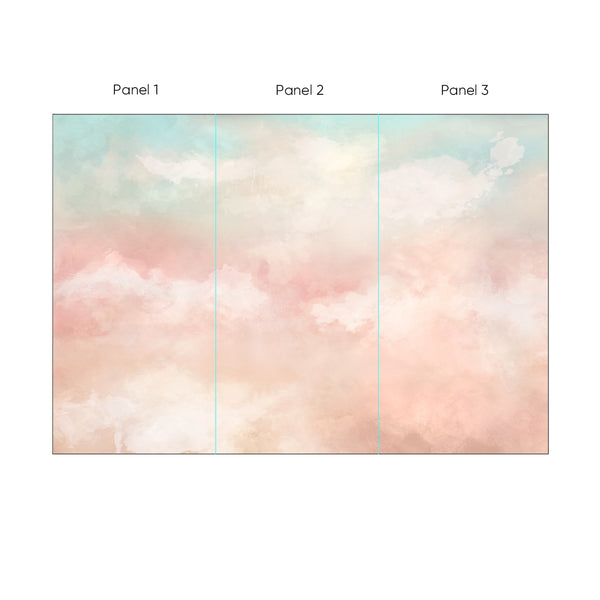 Mint & Pink Clouds wall mural featuring soft gradients from mint and aqua into peach and blush, creating a soothing cloudscape with painterly texture. This calming, large-scale design is ideal for a nursery or tranquil home office, offering a serene, atmospheric backdrop with removable and eco-friendly wallpaper.