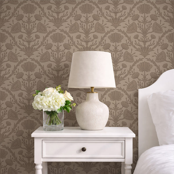 Vintage floral wallpaper with close vertical rows of blooms, ideal for a softly historic look in a bedroom or entryway. This eco-friendly, removable wallpaper is made in the USA, offering easy application and repositioning for renters and decorators.