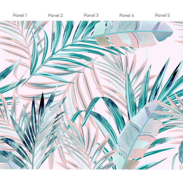 Tropical Pink Wall Mural with bold palm and banana leaves in teal, mint green, and turquoise on a blush pink background. This removable wallpaper, made in the USA, adds vibrant energy to living rooms or home offices. With its dense foliage and watercolor texture, it's perfect for modern tropical or boho interiors seeking a lively, temporary decor solution.