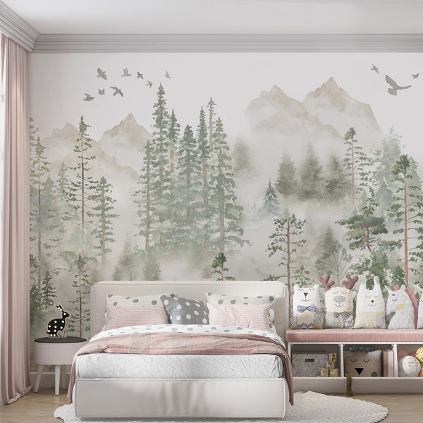 Panoramic forest mural with muted pine and mountain shapes, offering a serene living room backdrop.