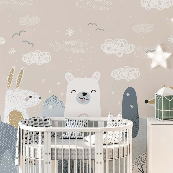 Beige Blue Cute Animal Wall Mural AM111 - CostaCover - Peel and stick Removable Wallpaper - abstract wall art - abstract wallpaper - accent wallpaper