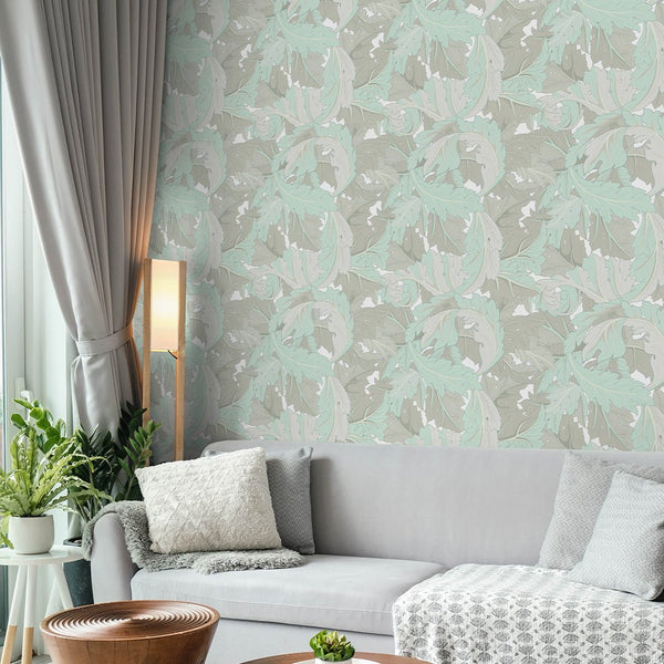 Mint & Beige Acanthus by Morris Wallpaper W125 - CostaCover - Peel and stick Removable Wallpaper - abstract floral - abstract wallpaper - accent wallpaper