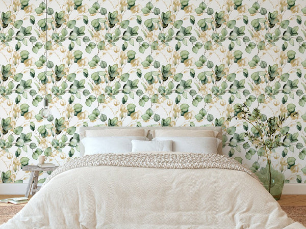 Green & Gold Eucalyptus Wallpaper CC283 - CostaCover - Peel and stick Removable Wallpaper - abstract floral - abstract wallpaper - accent wallpaper