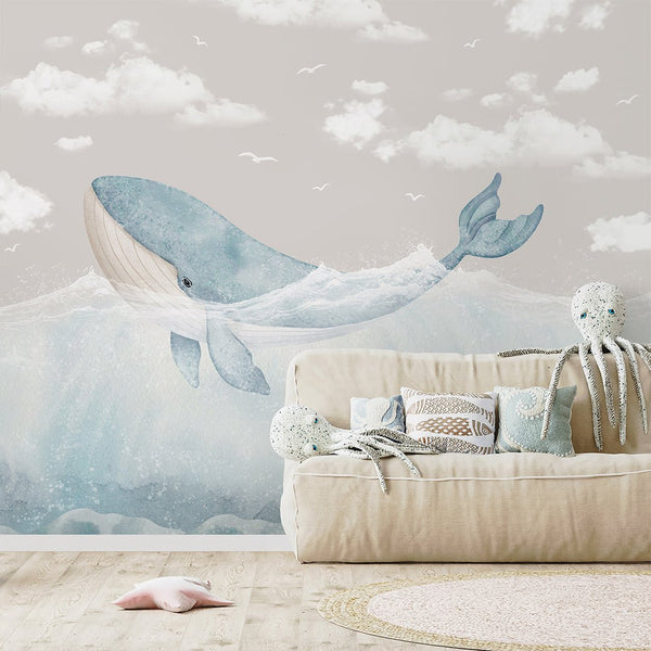 Blue Whale & Beige Sky Wall Mural SM058 - CostaCover - Peel and stick Removable Wallpaper - accent wallpaper - adhesive wallpaper - baby bedroom