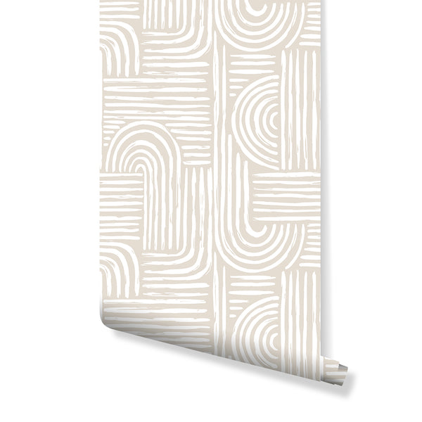 Beige Boho Wallpaper with a warm, neutral palette of stacked blocks and U-shaped arches in off-white brush lines over a cozy beige ground. The large-scale geometric design is perfect for a modern boho bedroom or living room, providing an inviting, handmade feel with its painterly texture.