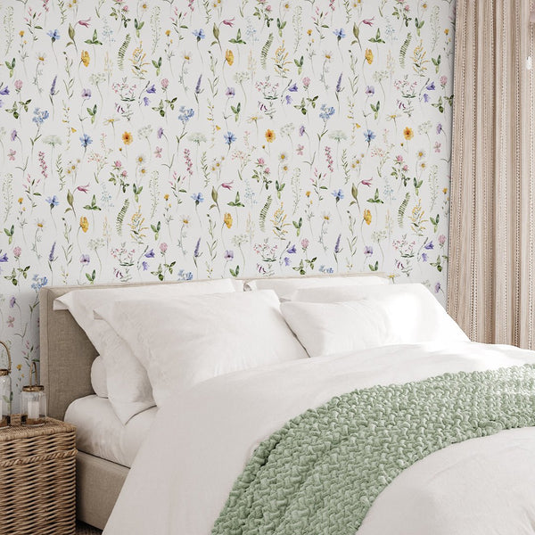 Colored Delicate Wildflowers Wallpaper S072 - CostaCover - Peel and stick Removable Wallpaper - accent wallpaper - adhesive wallpaper - baby bedroom