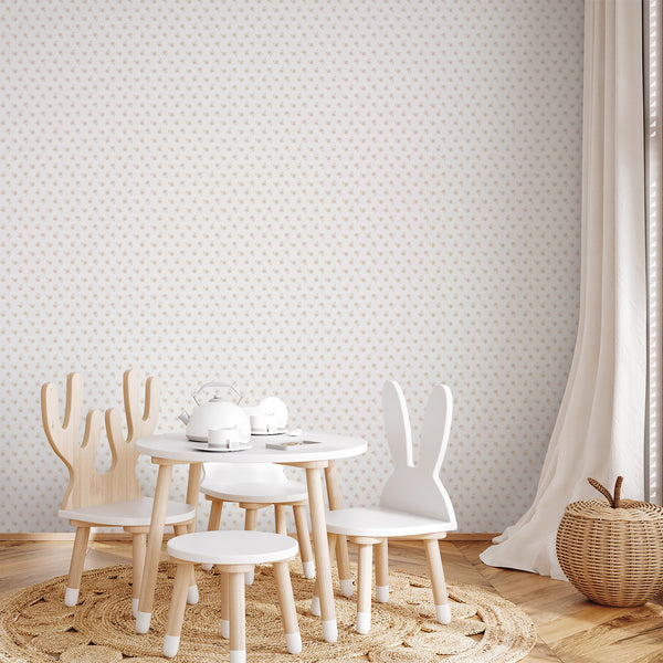 Minimalist beige flower wallpaper featuring delicate hand sketched floral motifs on white for a neutral nursery, bedroom or cottagecore interior.
