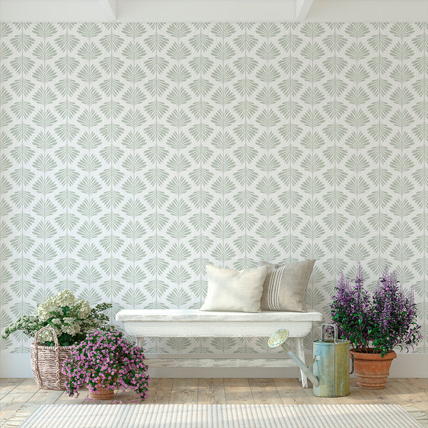 This wallpaper's vertical palm frond pattern in sage green adds a fresh touch to entryways and living rooms. Its eco-friendly removable material is easy to apply and reposition, making it a versatile choice for modern home decor.