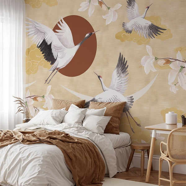 Chinoiserie Crane & Sunset Grasscloth Wall Mural CG002 - CostaCover - Traditional Wallpaper - accent wallpaper - bathroom wallpaper - bedroom wallpaper