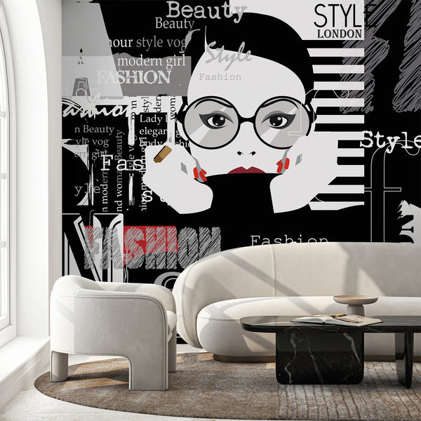 Modern fashion wall mural in black, white and red featuring a glamorous illustrated woman, layered text and magazine-inspired collage details.