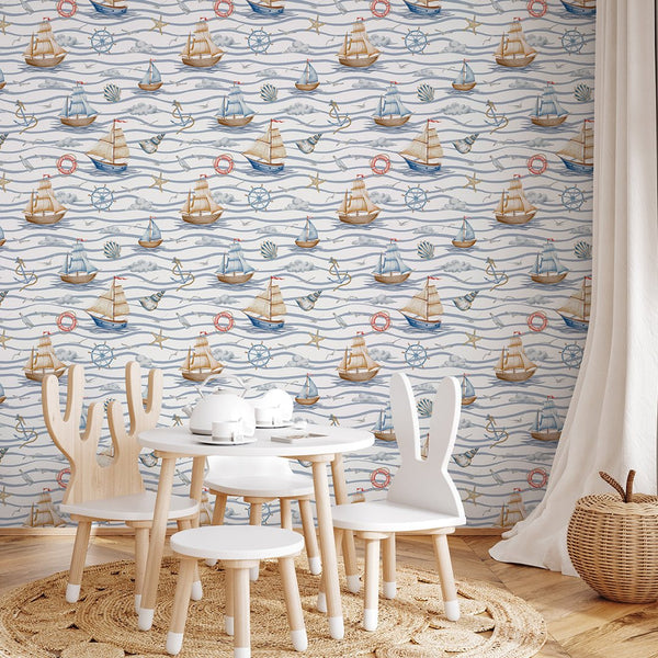 Sailboats & Waves Wallpaper A062 - CostaCover-Peel and stick Removable Wallpaper-abstract wall art-abstract wallpaper-accent wallpaper