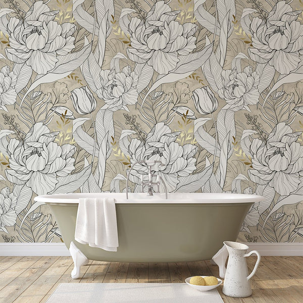 Beige, Black & Gold Flowers Wall Mural CCM158 - CostaCover - Peel and stick Removable Wallpaper - abstract wallpaper - accent wallpaper - adhesive wallpaper