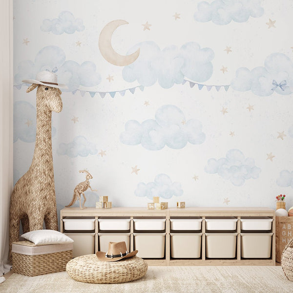 Blue Clouds Moon & Bunting Wall Mural SM071 - CostaCover - Peel and stick Removable Wallpaper - Abstract - abstract wall art - abstract wallpaper