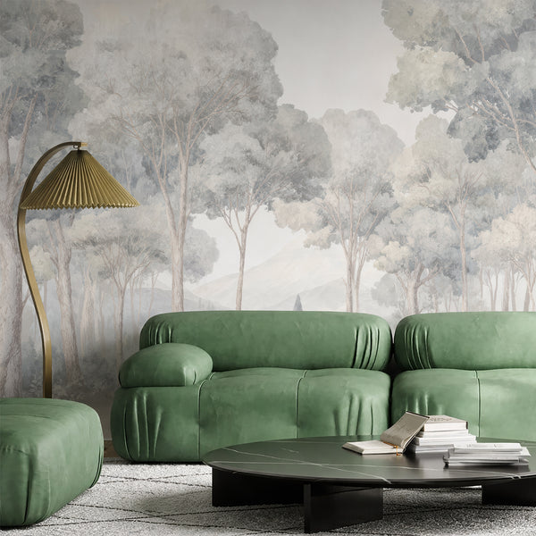 Panoramic misty forest mural in dove grey and pale sage, offering a serene atmosphere in an entryway. This self-adhesive wallpaper is easy to apply and perfect for renters seeking a high-quality decor option.