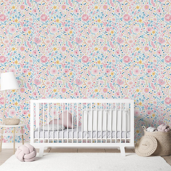Pink Delicate Floral Wallpaper A057 - CostaCover-Peel and stick Removable Wallpaper-accent wallpaper-adhesive wallpaper-baby bedroom