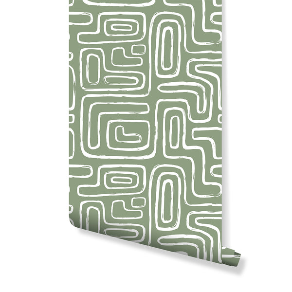 Olive Boho Line Wallpaper featuring hand-painted off-white brushstrokes over a rich olive-green background. The irregular rounded rectangles and looping pathways create an airy, relaxed movement, ideal for boho or Scandinavian decor in living rooms, bedrooms, or home offices. Removable peel and stick design, perfect for renters and decorators seeking modern organic style.