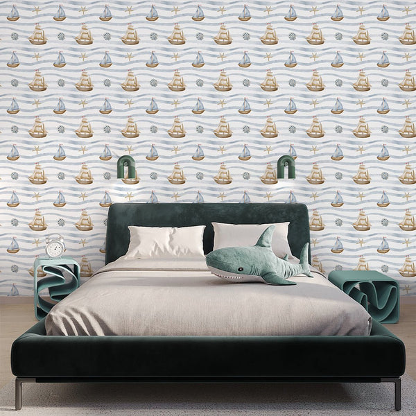 Pastel Sailboats & Waves Wallpaper A063 - CostaCover-Peel and stick Removable Wallpaper-abstract wall art-abstract wallpaper-accent wallpaper