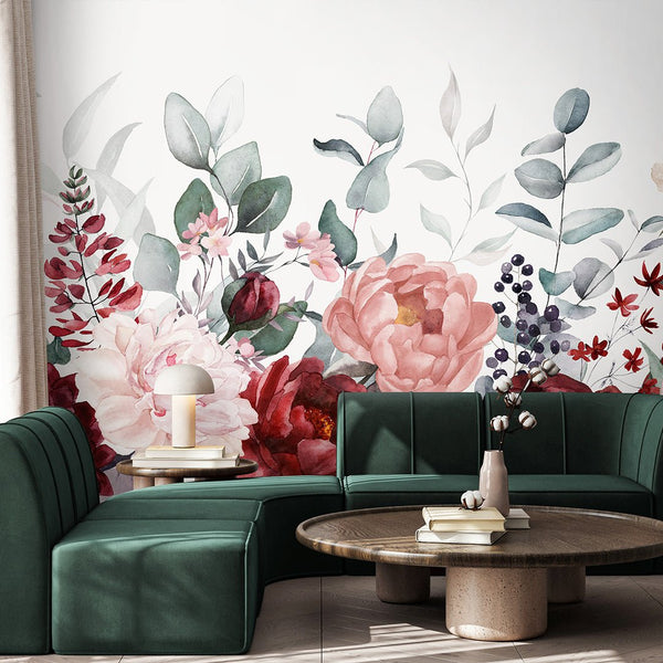 Burgundy Pink Flowers Wall Mural SM023 - CostaCover - Peel and stick Removable Wallpaper - accent wallpaper - adhesive wallpaper - bathroom wallpaper