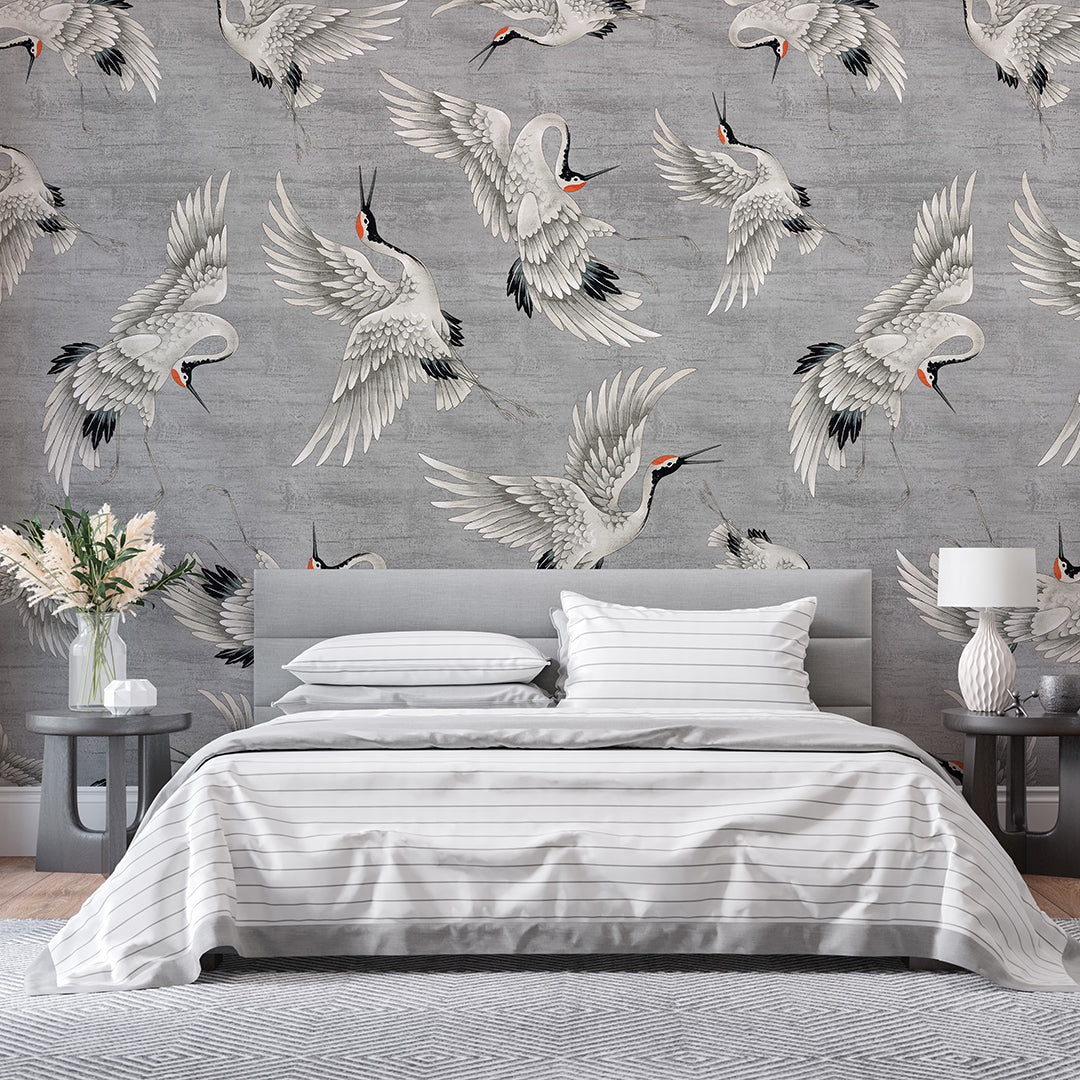 Flying Gray Japanese Cranes Wall Mural WM114