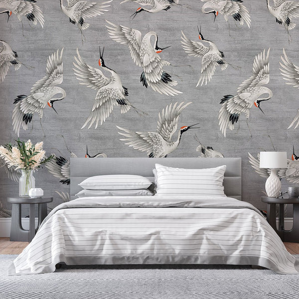 Flying Gray Japanese Cranes Wall Mural WM114 - CostaCover - Peel and stick Removable Wallpaper - accent wallpaper - adhesive wallpaper - bathroom wallpaper