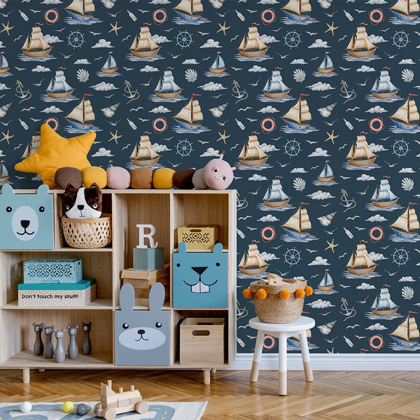 Dark Blue Sailboats Wallpaper A064 - CostaCover-Peel and stick Removable Wallpaper-abstract wall art-accent wallpaper-adhesive wallpaper