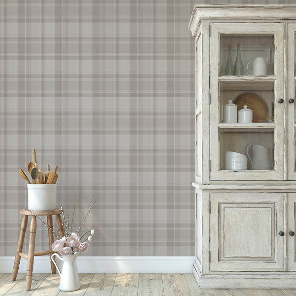 Vintage country plaid wallpaper with intersecting warm gray and taupe stripes on a beige background, creating a timeless English cottage aesthetic.