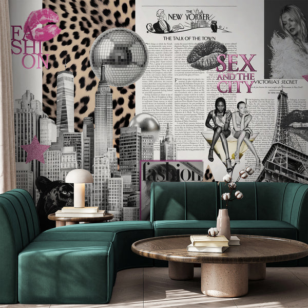 Black white and pink fashion collage wallpaper with New York skyline, leopard print, disco ball and glamorous magazine inspired wall mural decor.