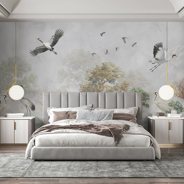 Vintage Japanese Crane Wall Mural CCM207 - CostaCover - Peel and stick Removable Wallpaper - accent wallpaper - adhesive wallpaper - bathroom wallpaper