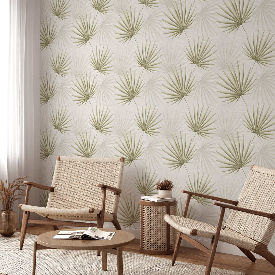 Green Palm Leaves Grasscloth Wallpaper CG011
