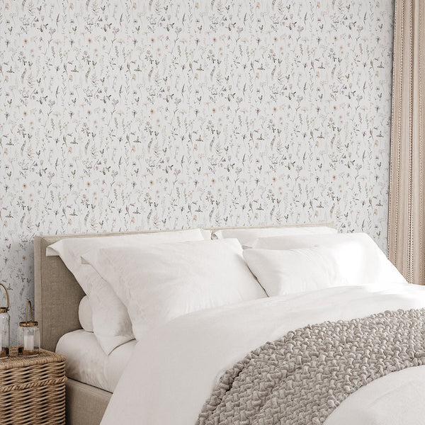 Tiny Neutral Wildflowers Wallpaper S064 - CostaCover - Peel and stick Removable Wallpaper - accent wallpaper - adhesive wallpaper - bathroom wallpaper