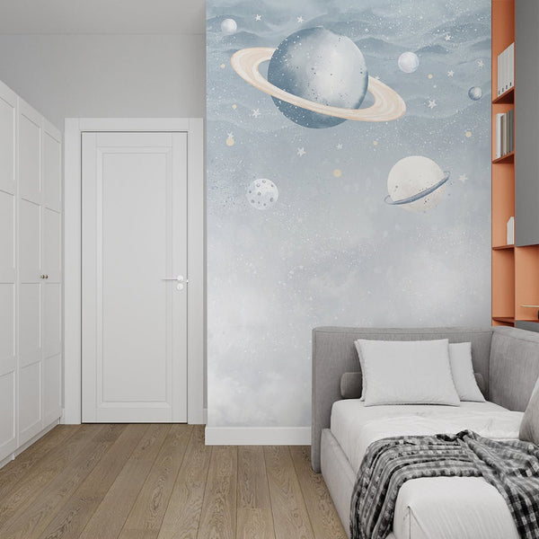 Light Blue Planets in Space Wall Mural SM087 - CostaCover - Peel and stick Removable Wallpaper - accent wallpaper - adhesive wallpaper - baby bedroom