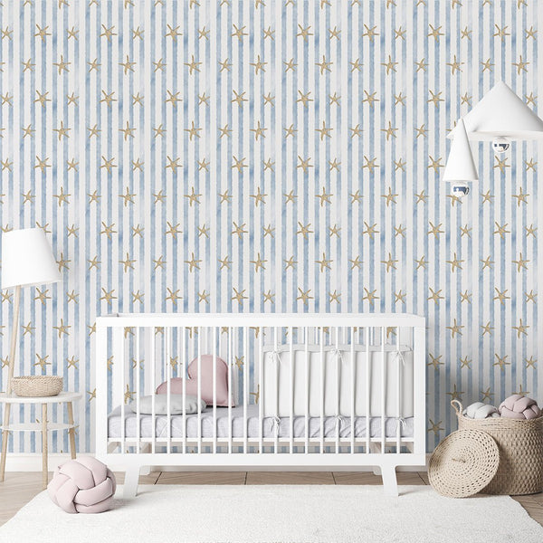 Blue Stripes & Starfish Wallpaper A068 - CostaCover-Peel and stick Removable Wallpaper-abstract wallpaper-accent wallpaper-adhesive wallpaper