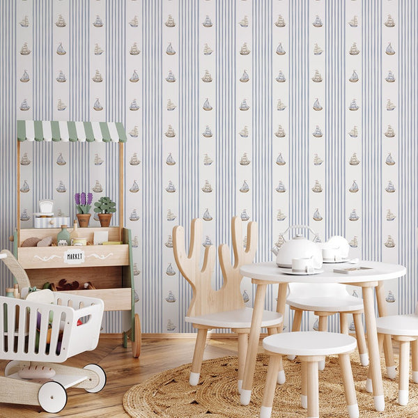 Blue Stripes & Sailboats Wallpaper A069 - CostaCover-Peel and stick Removable Wallpaper-abstract wall art-abstract wallpaper-accent wallpaper
