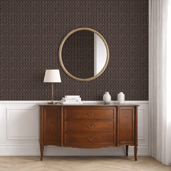 Rich brown damask wallpaper featuring a traditional tight repeat, perfect for adding drama to dining rooms or living rooms. The distressed mid-brown background offers an aged, fabric-like mood.
