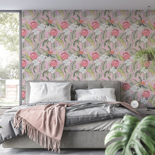 Exotic Pink Flowers Wallpaper CC229 - CostaCover - Peel and stick Removable Wallpaper - accent wallpaper - adhesive wallpaper - Banana leaves wallpaper
