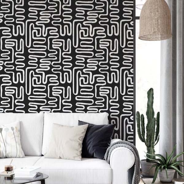Black & White Boho Line Wallpaper W170 - CostaCover - Peel and stick Removable Wallpaper - Abstract - Abstract Labyrinth Lines - abstract lines