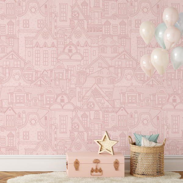 Pink City Houses Wallpaper CC313 - CostaCover - Peel and stick Removable Wallpaper - Abstract - abstract wallpaper - accent wallpaper