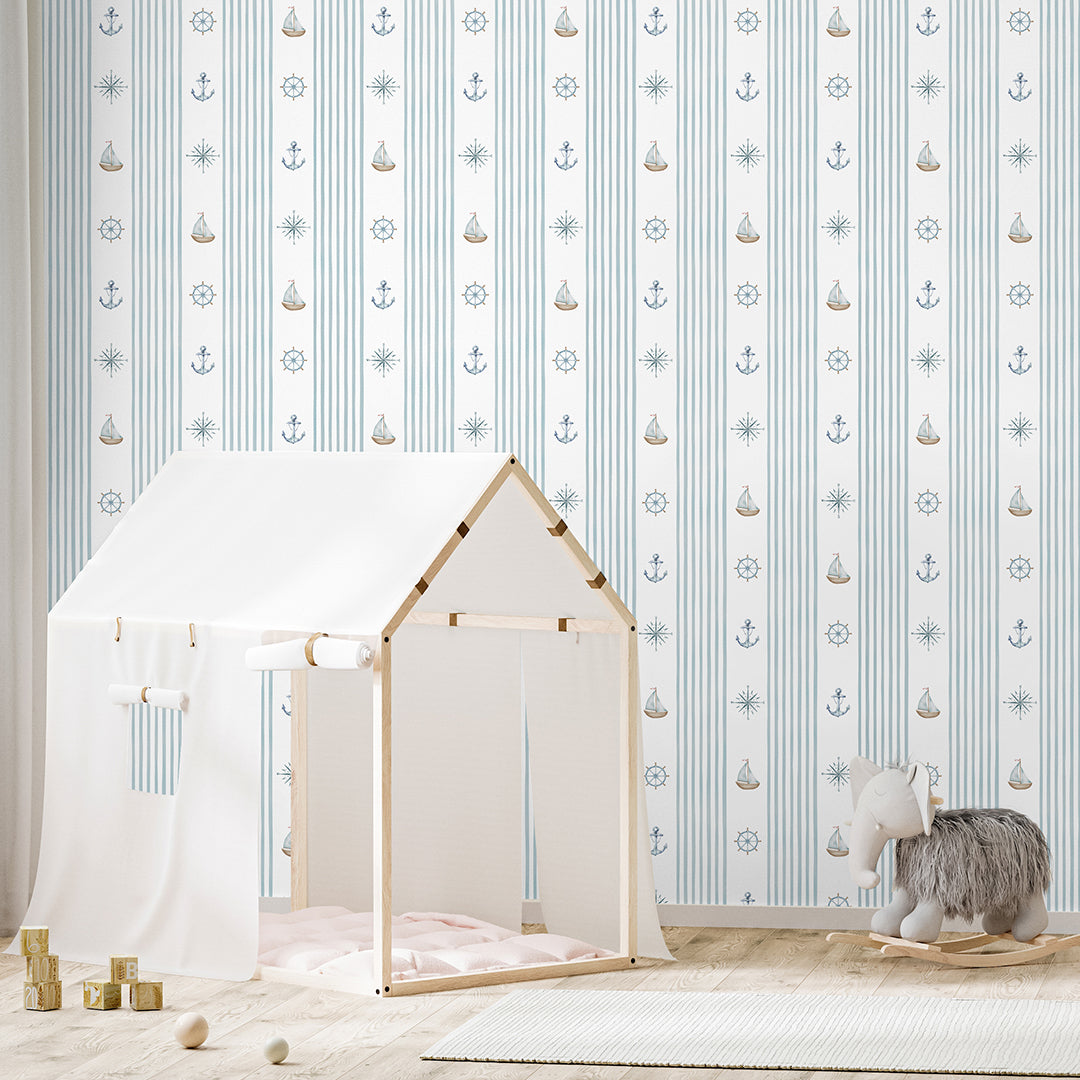 Turquoise Stripe & Sailboat Wallpaper A070