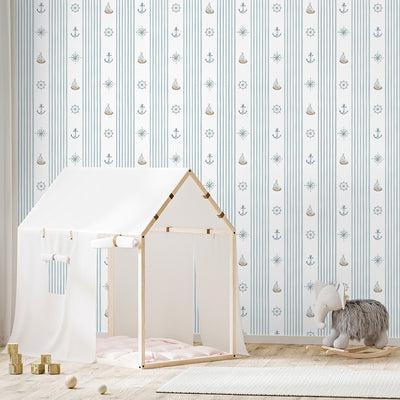 Turquoise Stripe & Sailboat Wallpaper A070