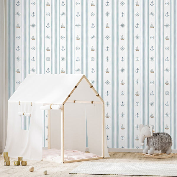 Turquoise Stripe & Sailboat Wallpaper A070 - CostaCover-Peel and stick Removable Wallpaper-abstract wall art-abstract wallpaper-accent wallpaper