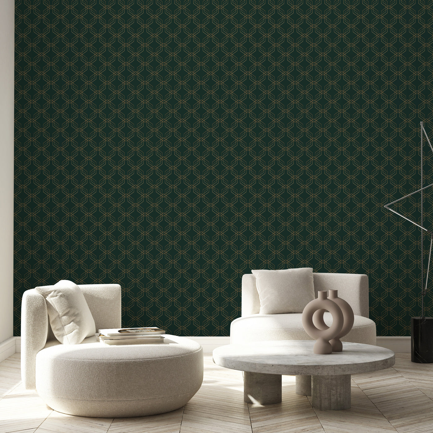 Dark Green Gold Effect Art Deco Wallpaper CC325