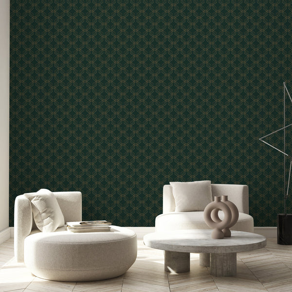 Dark Green Gold Effect Art Deco Wallpaper CC325 - CostaCover - Peel and stick Removable Wallpaper - abstract wallpaper - accent wallpaper - adhesive wallpaper