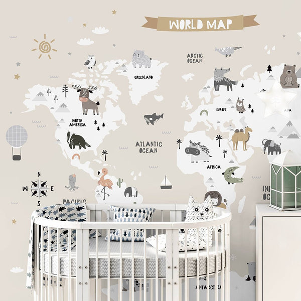 Beige World Map With Animals Wall Mural AM112 - CostaCover - Peel and stick Removable Wallpaper - abstract wall art - accent wallpaper - adhesive wallpaper