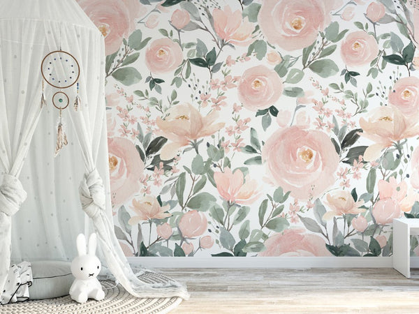 Soft Pink Roses Wall Mural WM013 - CostaCover - Peel and stick Removable Wallpaper - adhesive wallpaper - baby bedroom - bedroom wallpaper