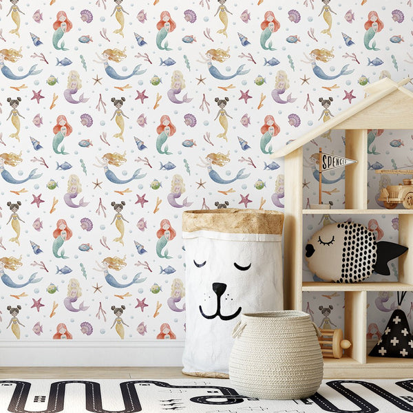 Cute Tiny Mermaids Wallpaper S091 - CostaCover - Peel and stick Removable Wallpaper - accent wallpaper - adhesive wallpaper - baby bedroom