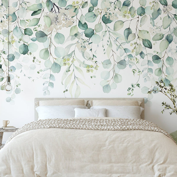 Eucalyptus and Flowers Wall Mural CCM135 - CostaCover - Peel and stick Removable Wallpaper - accent wallpaper - adhesive wallpaper - bathroom wallpaper